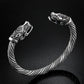 Men's wolf-head braided cuff bracelet, antique silver plated