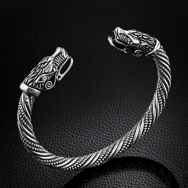 Men's wolf-head braided cuff bracelet, antique silver plated