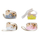 Assorted wooden camera toys with round lenses and fabric straps in yellow, pink, white, and blue