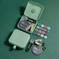 Magnetic sewing storage box, mint green, open case with spools and scissors