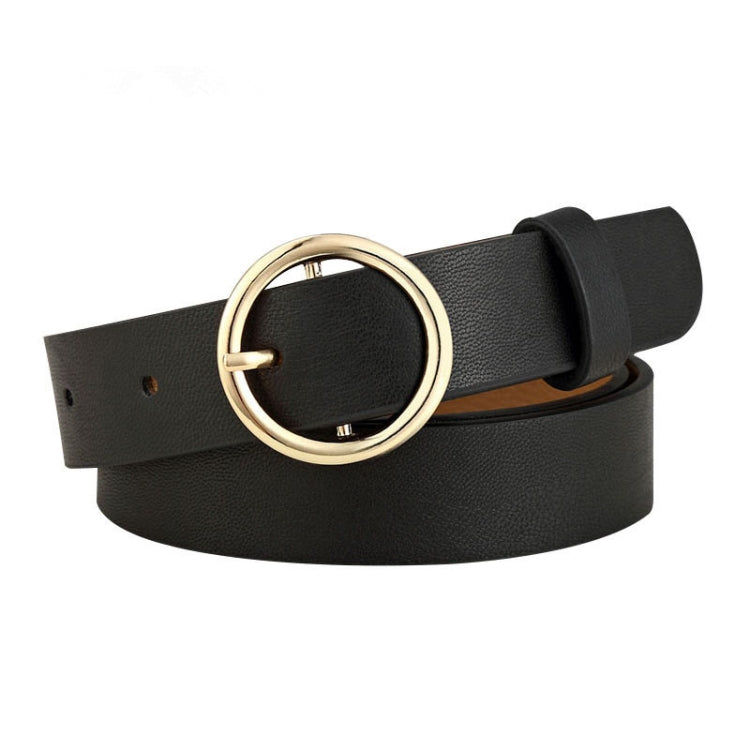 Black PU waist belt with round gold-tone buckle and stitched finish