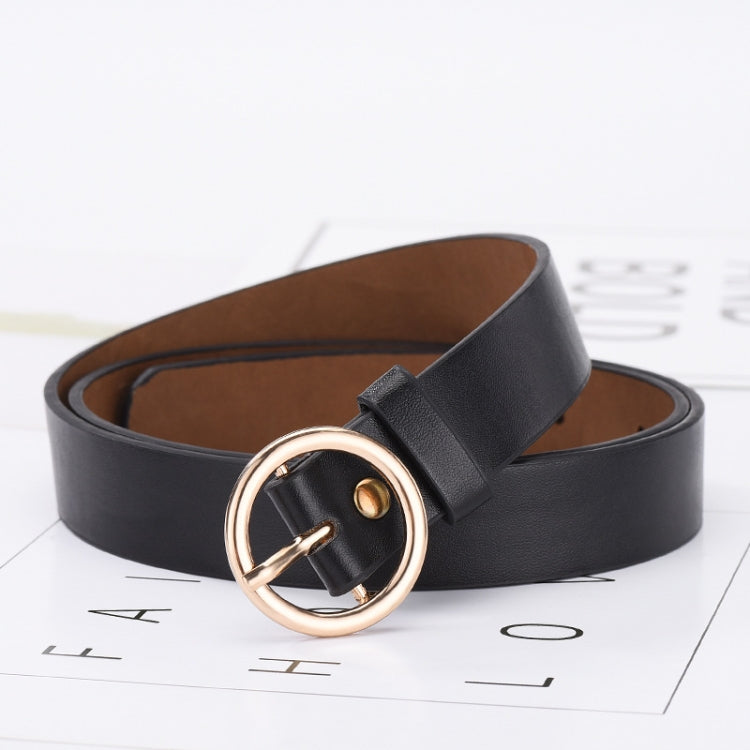 Black PU waist belt with round gold-tone buckle and inner tan lining