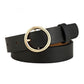 Black PU waist belt with round gold-tone buckle and textured strap surface