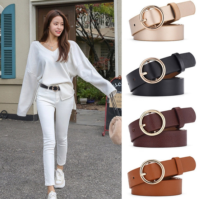 Women’s PU waist belt assortment with round buckle in beige, black, brown, and tan