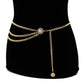 Gold high-waist chain belt with ornate circular clasp and long dangling chain