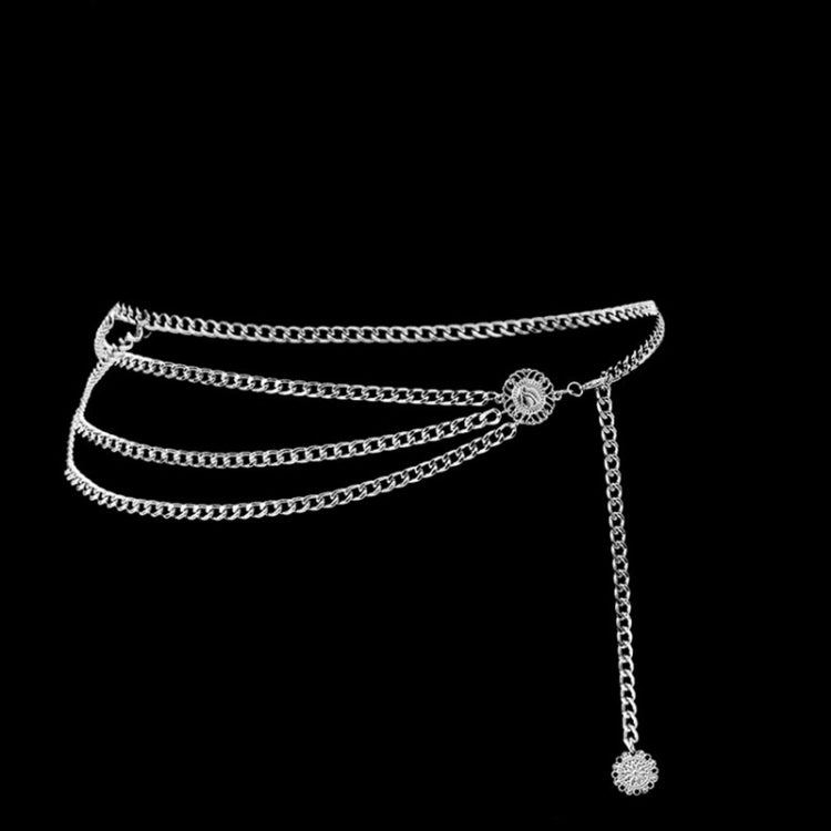 Silver high-waist chain belt with layered fringes and dangling charm
