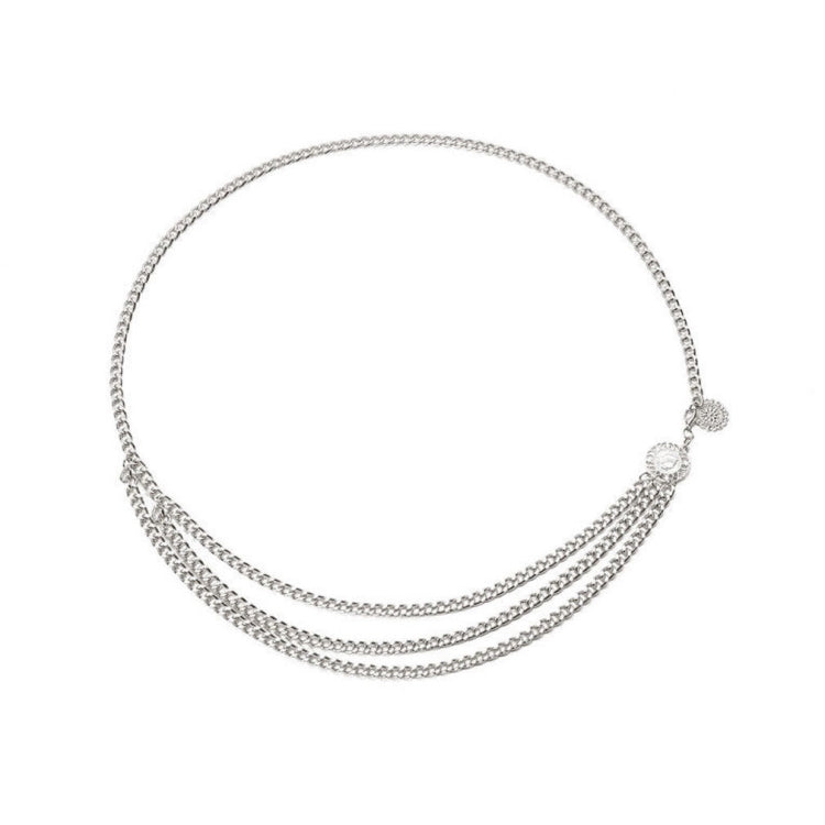 Silver waist chain belt with two layered strands and small hanging charm