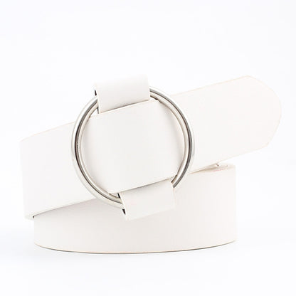 Wide PU leather belt with needleless round buckle, white strap and silver ring