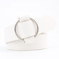 Wide PU leather belt with round needleless buckle, white strap and silver metal ring
