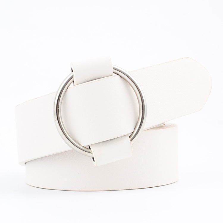 Wide PU leather belt with round needleless buckle, white strap and silver metal ring