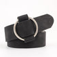 Wide PU leather belt with needleless round buckle, black strap and silver metal ring