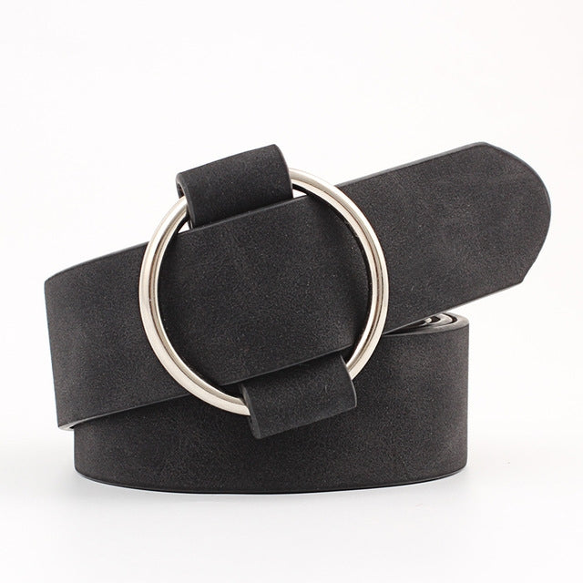 Wide PU leather belt with needleless round buckle, black strap and silver metal ring