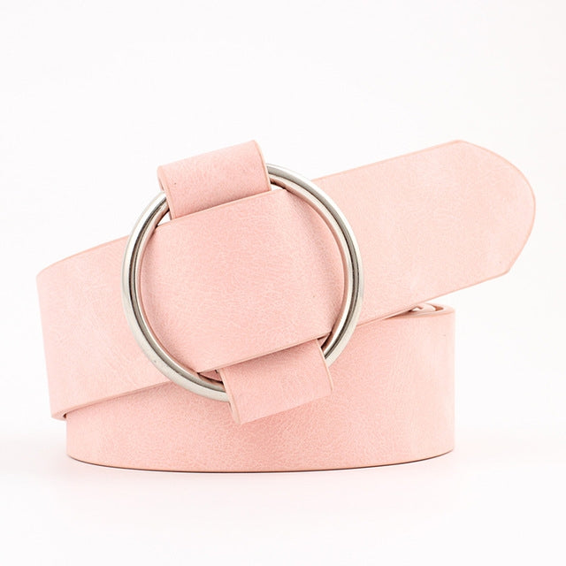 Wide PU leather belt with needleless round buckle, light pink strap and silver ring
