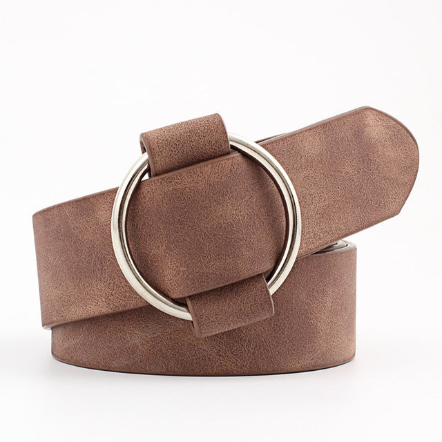 Wide PU leather belt with needleless round buckle, dark brown strap and silver metal ring