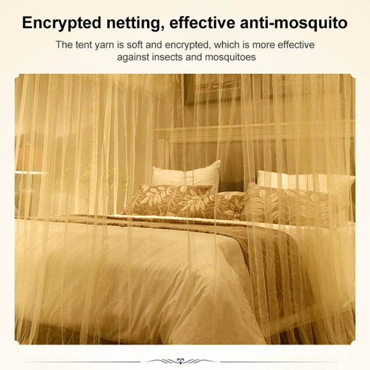 Retractable three-door mosquito net canopy with fine mesh and lace border in beige