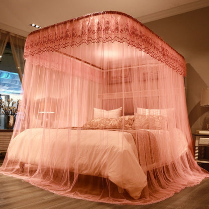 Retractable three-door mosquito net canopy with scalloped lace top in pink