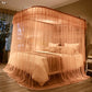Light orange retractable three-door mosquito net canopy with scalloped lace border and mesh