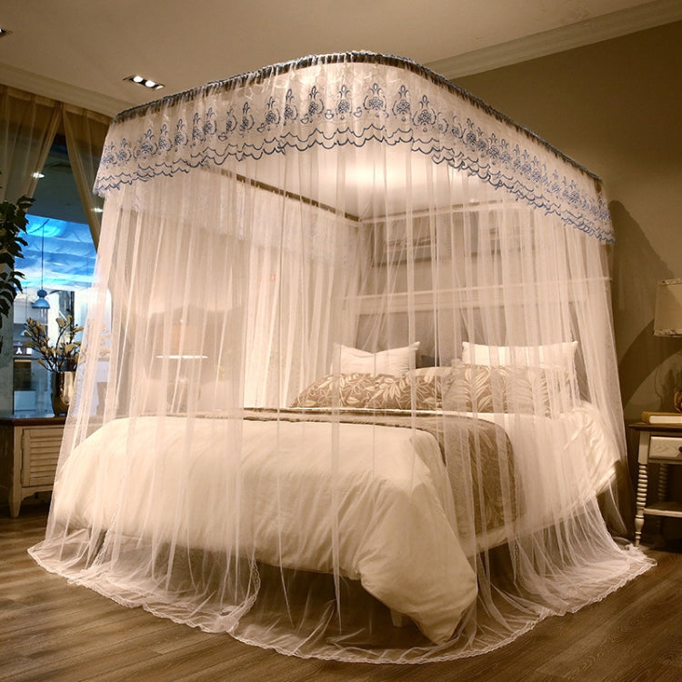 Light-blue and white retractable three-door mosquito net canopy with arched scalloped trim
