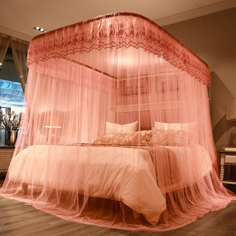Pink retractable three-door mosquito net canopy with arched scalloped lace border and mesh