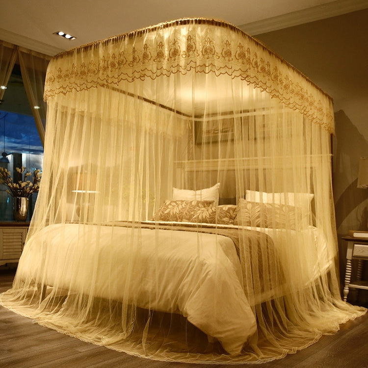 Beige retractable three-door mosquito net canopy with arched scalloped lace border and mesh