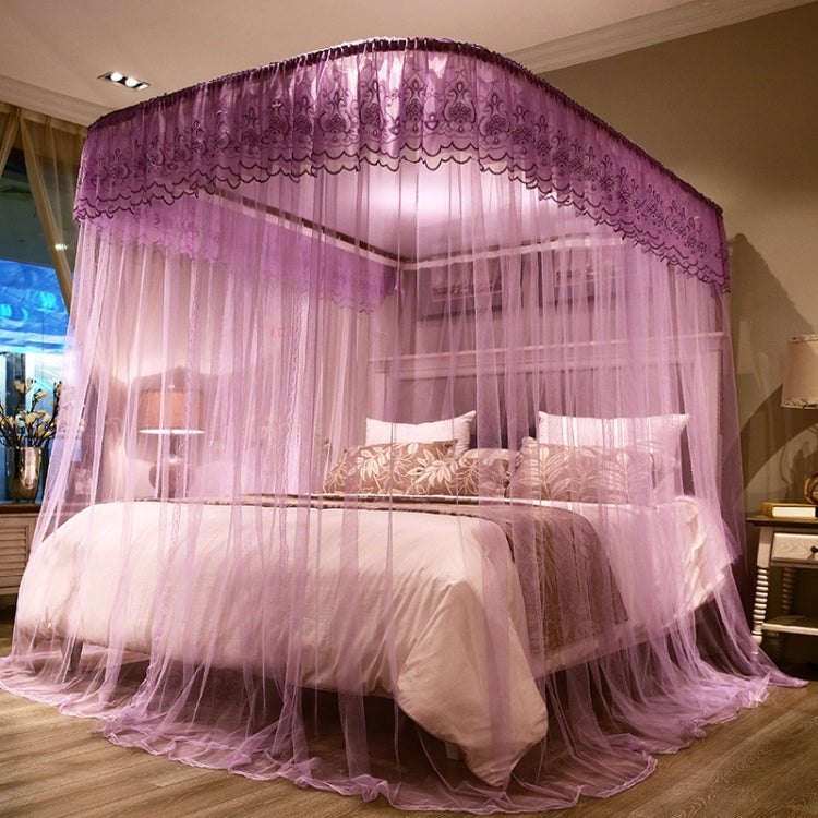 Purple retractable three-door mosquito net canopy with arched scalloped lace border and mesh