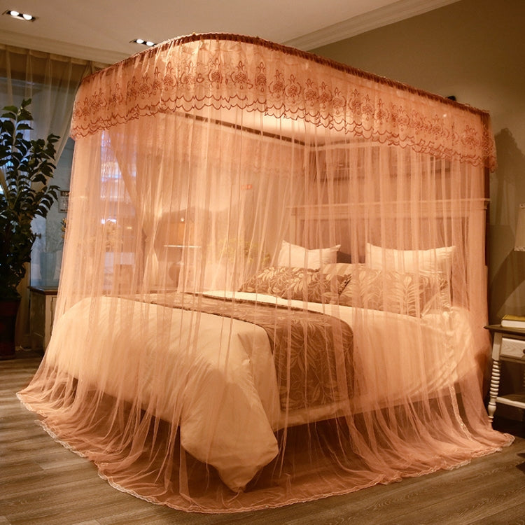 Light orange retractable three-door mosquito net canopy with arched scalloped lace border