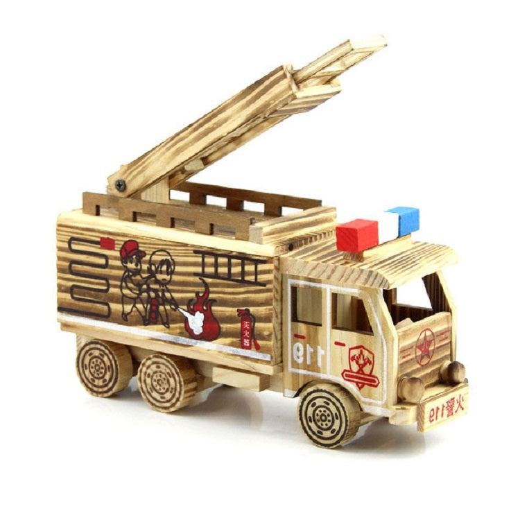 Wooden fire rescue truck model ornament from front-left, ladder raised