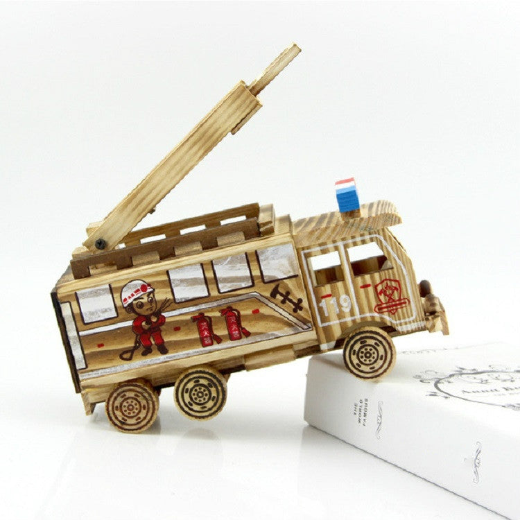 Wooden fire rescue truck model ornament, side view with blue-red roof blocks