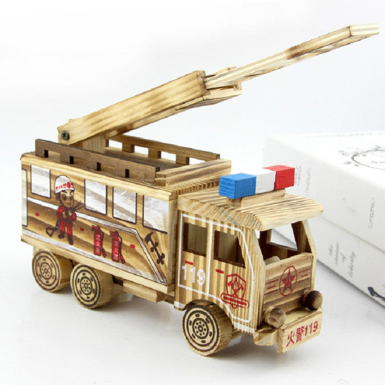Wooden fire rescue truck model ornament, front-right view with open cab