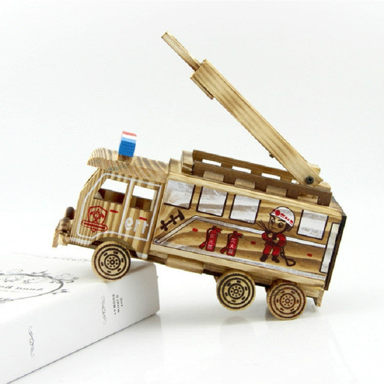 Wooden fire rescue truck model ornament, side view with cabin figures and ladder