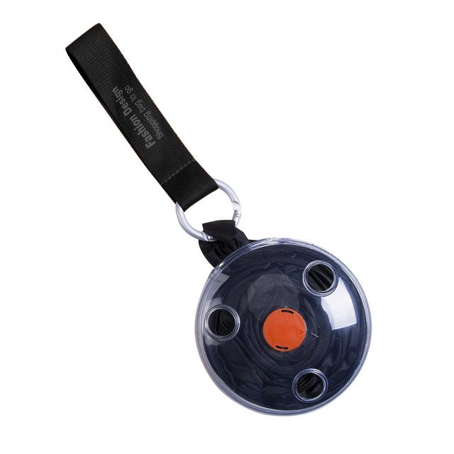Navy reusable tote pouch with clear case, black strap, and orange center detail