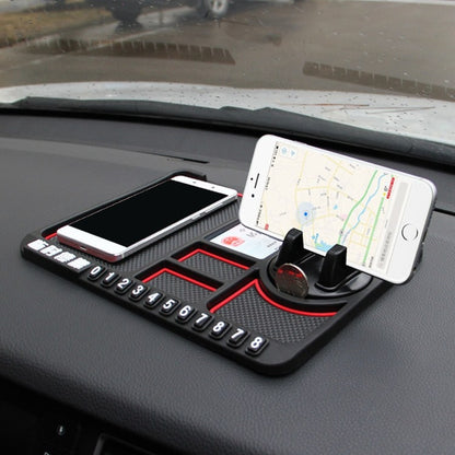 Car dashboard storage pad with phone holder, anti-slip mat, red accent ring and number keys