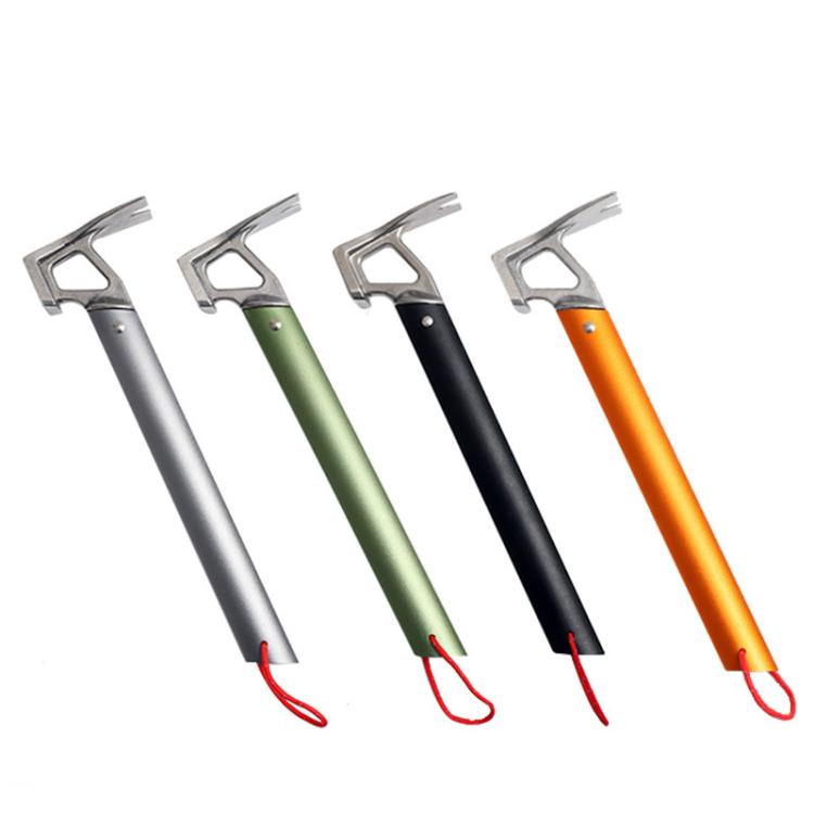 Set of tent stake mallets with claw heads and colored handles, red lanyard loops