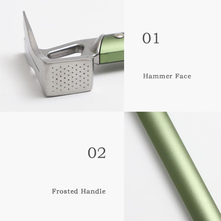 Green tent stake mallet details: perforated hammer face and frosted handle