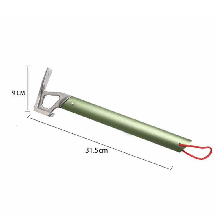 Green tent stake mallet with claw head and red lanyard loop