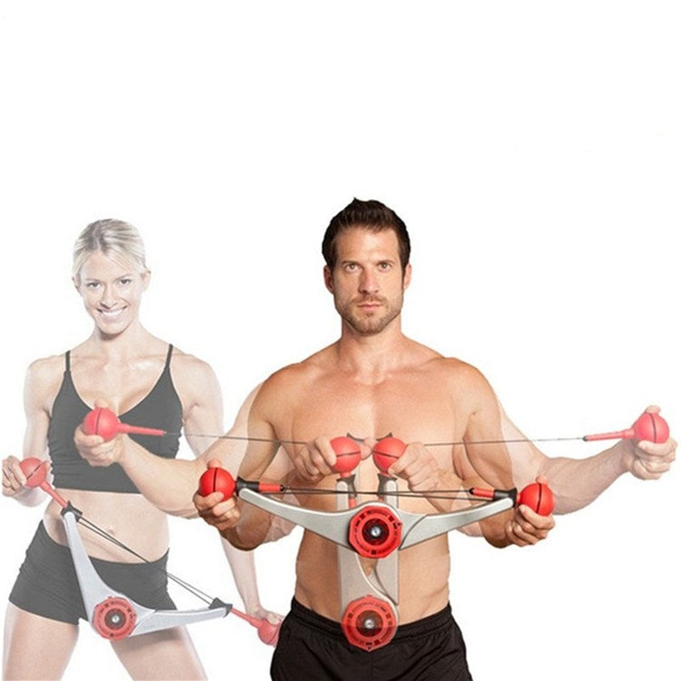 Adjustable arm strength trainer with red handles and grey frame, front view
