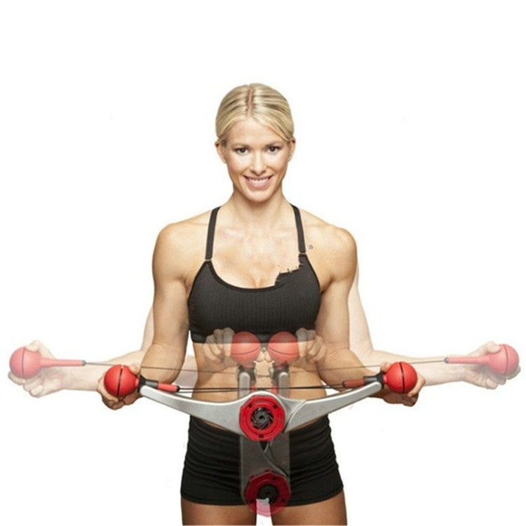 Adjustable arm strength trainer with dual red grips and central red tension unit