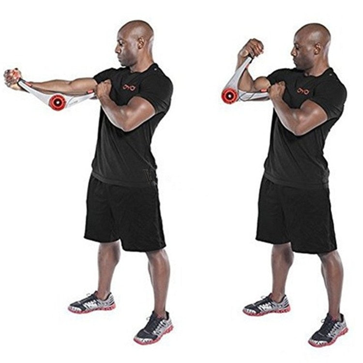 Arm strength trainer with red resistance wheels on a grey bar, side view