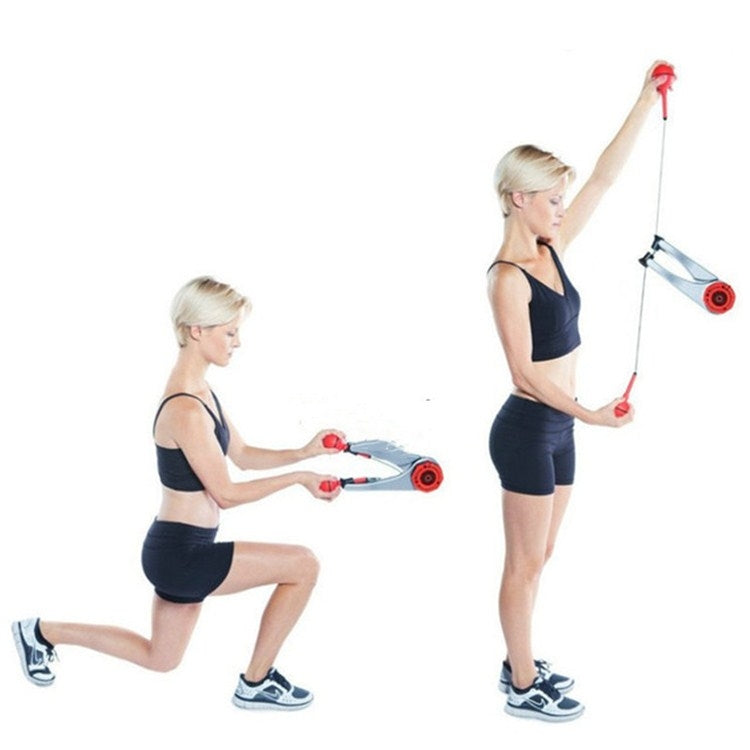 Portable arm and wrist strength trainer with red pulley cable and grey base