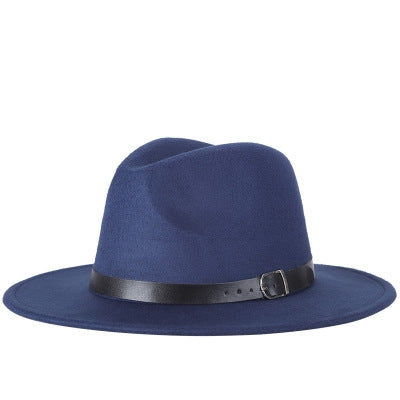 Navy felt fedora hat with wide dark band and metal buckle detail