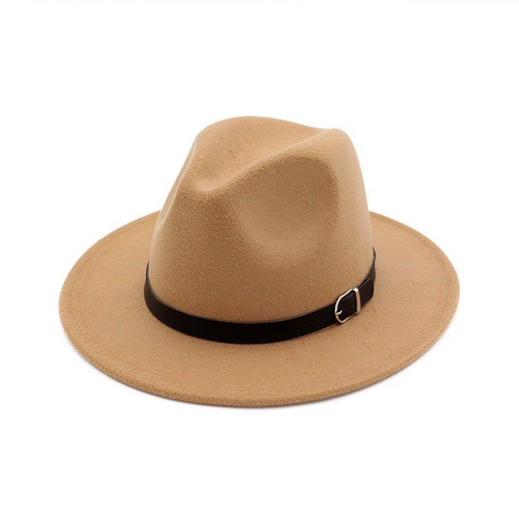 Beige felt fedora hat with wide black band and metal buckle detail
