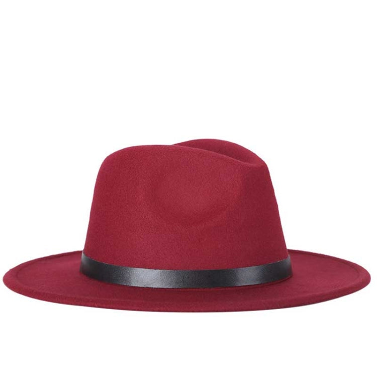 Wine red felt fedora hat with wide black band and metal buckle detail