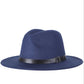 Blue felt fedora hat with wide dark band and metal buckle detail