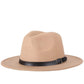 Camel felt fedora hat with wide black band and metal buckle detail