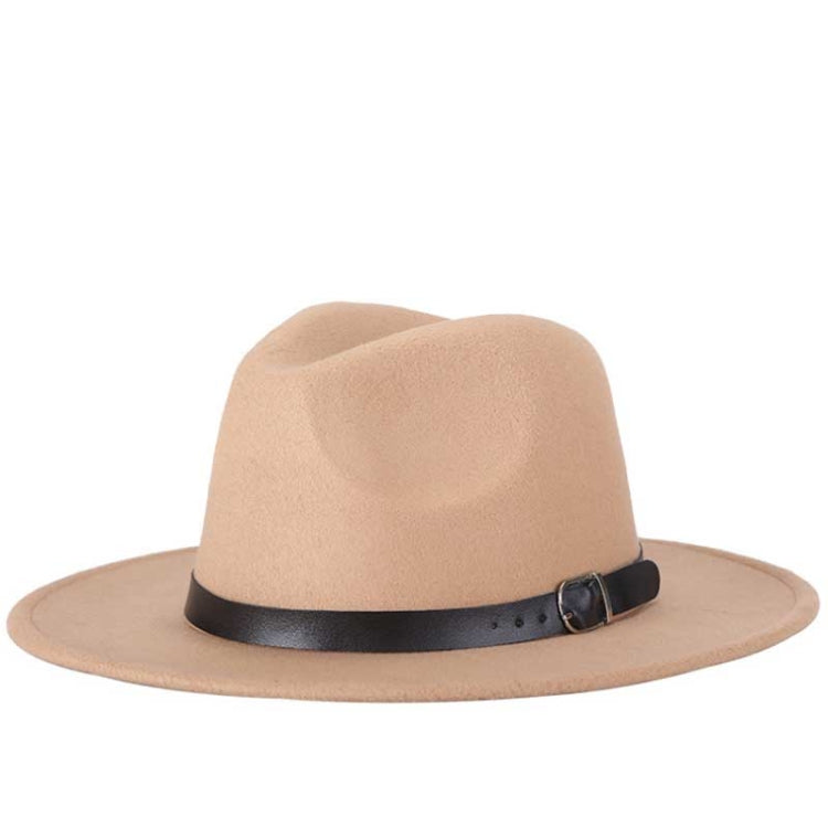 Camel felt fedora hat with wide black band and metal buckle detail