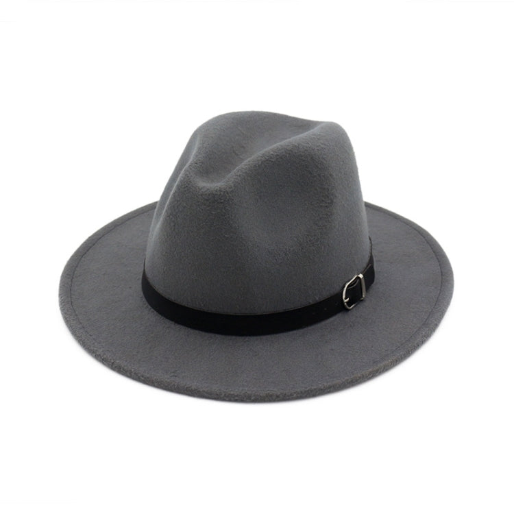 Gray felt fedora hat with wide black band and metal buckle detail