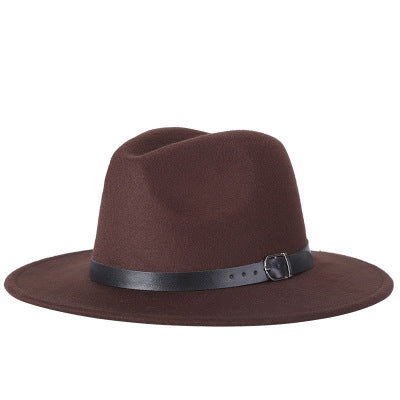 Dark brown felt fedora hat with wide dark band and metal buckle detail