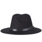 Black felt fedora hat with wide dark band and metal buckle detail