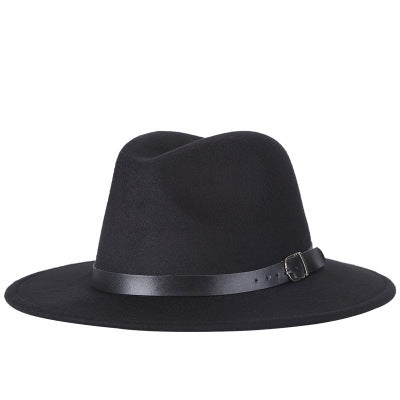 Black felt fedora hat with wide dark band and metal buckle detail