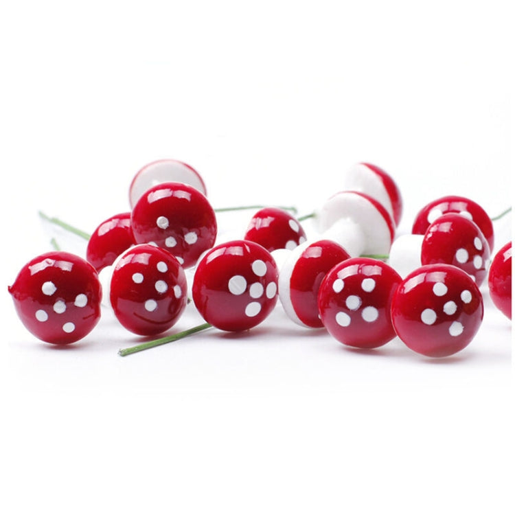 Mini foam mushrooms on green stems: red caps with white spots, white stems, set of 20